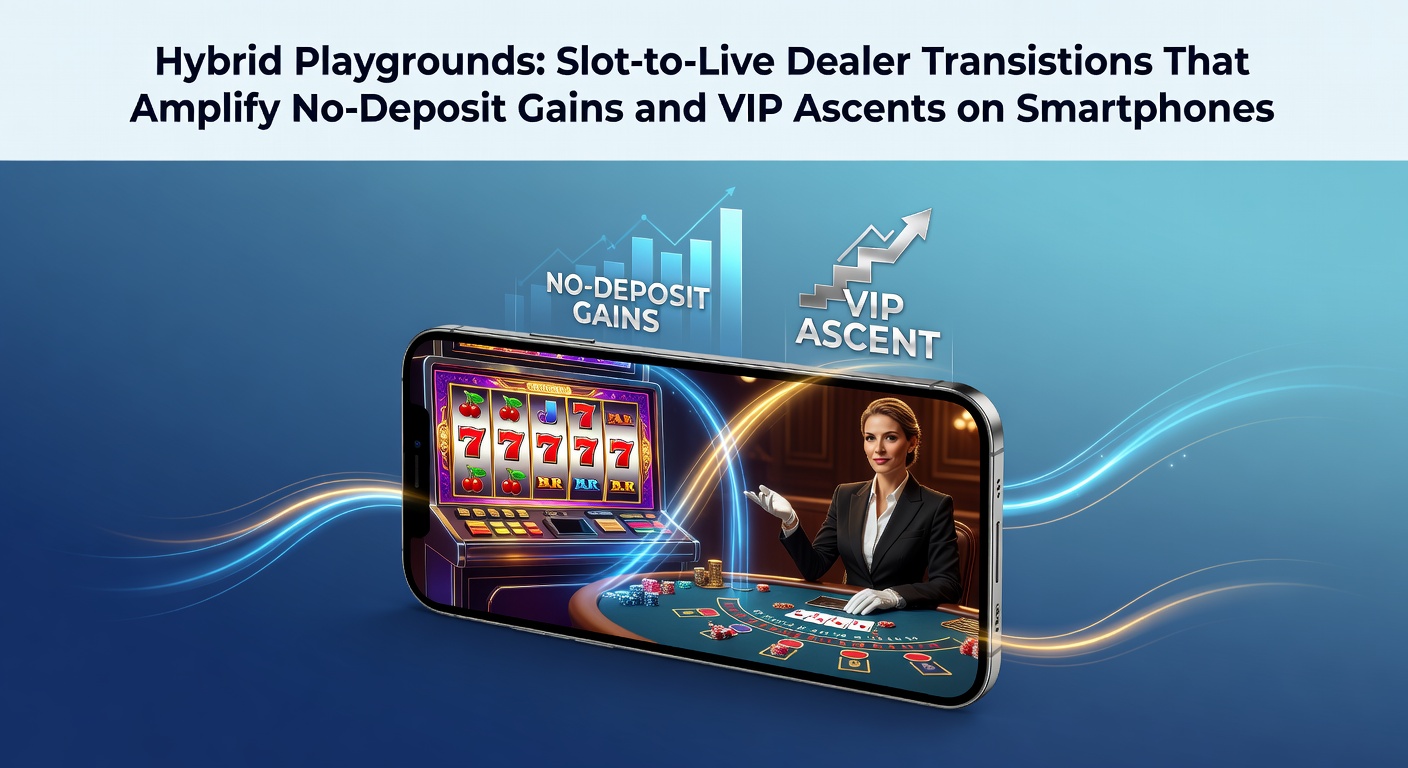 Smartphone-Bildschirm zeigt Slot-Spiele und Live-Dealer-Tische in einem hybriden Casino-Layout, das No-Deposit-Boni und VIP-Stufen hervorhebt