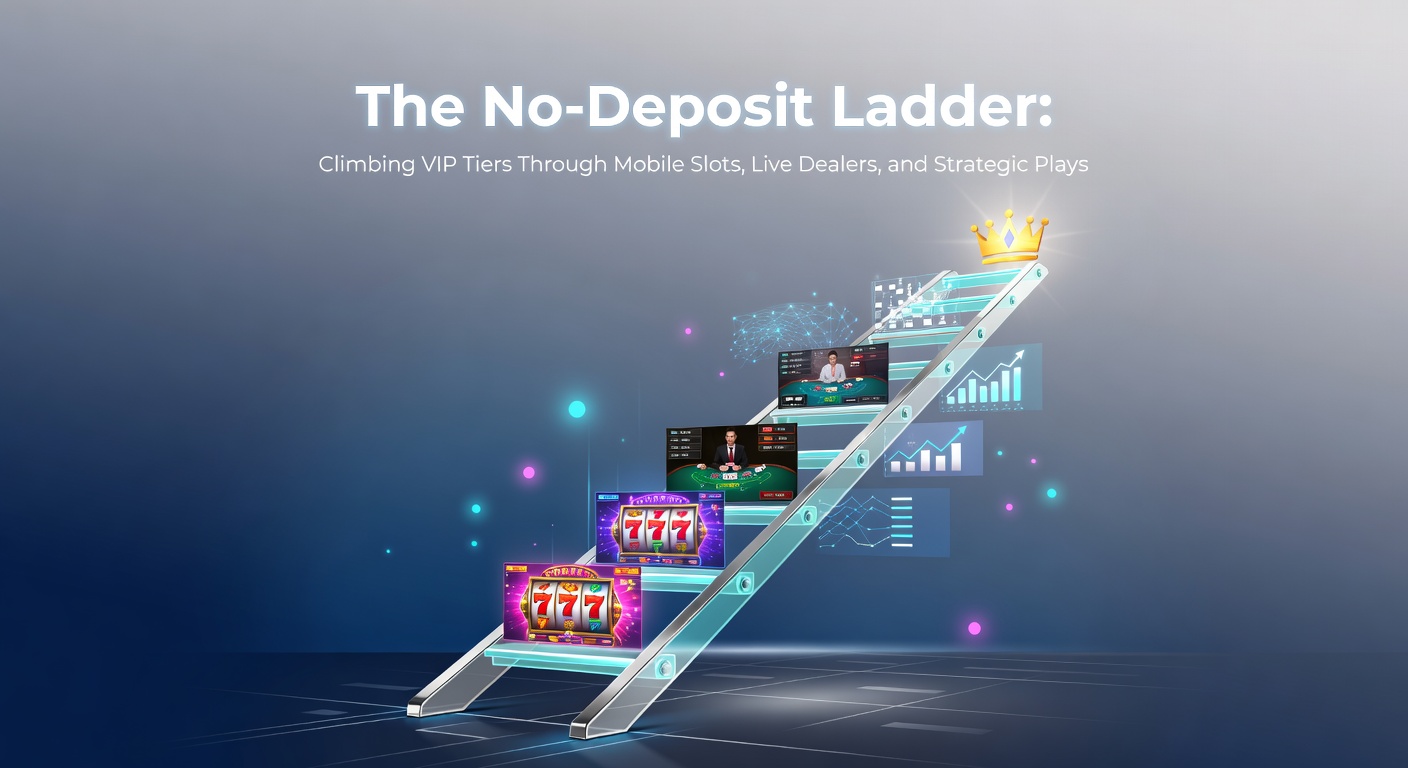 Visuelle Darstellung einer aufsteigenden Leiter mit VIP-Stufen in einem Online-Casino, umgeben von Symbolen für Mobile Slots und Live Dealer-Tische